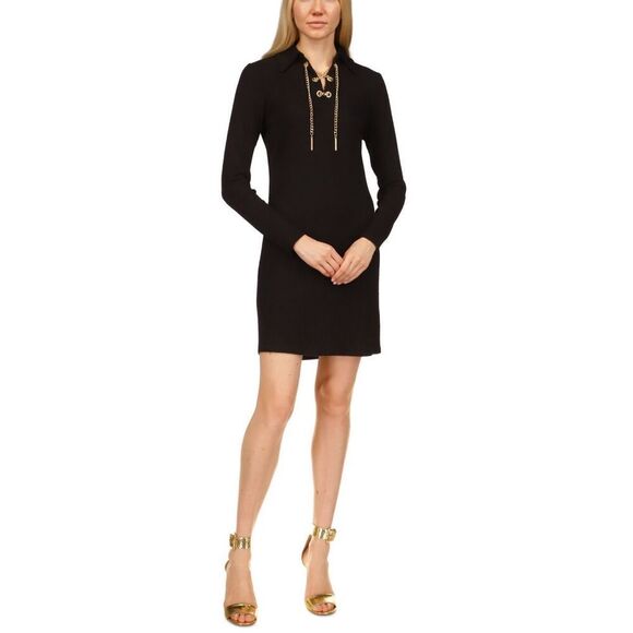 MICHAEL KORS Womens Black Ribbed Logo Chain Lace up Neck Long Sleeve Collared Sh - Picture 1 of 3